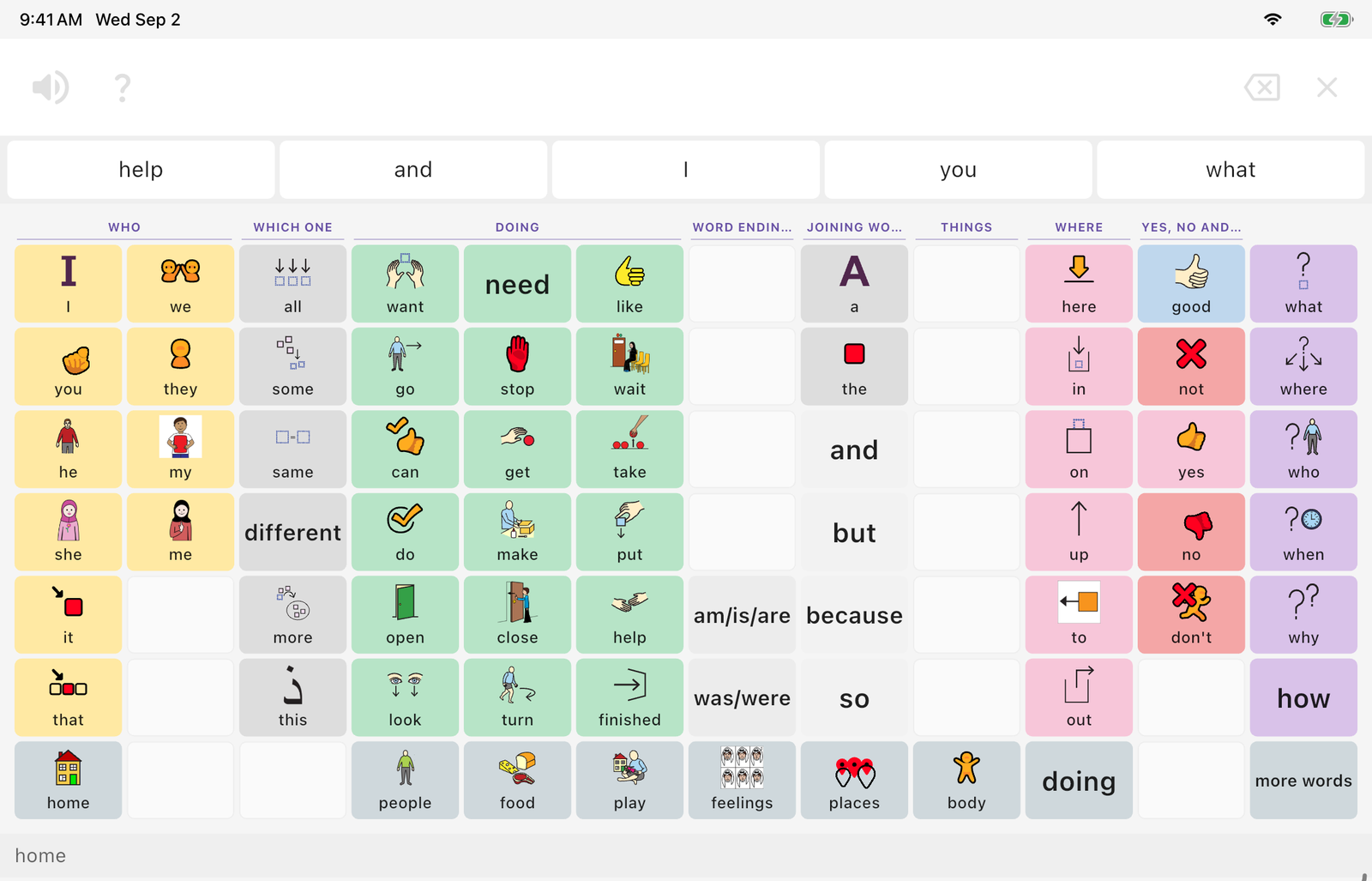 The wordbridge talking grid on a tablet. Colored cells each hold one word and one picture, grouped under headings reading who, which one, doing, word endings, joining words, things, where, and yes, no and more. A strip of predicted words sits above the grid, and a number of cells sit empty, held for words that go in later.